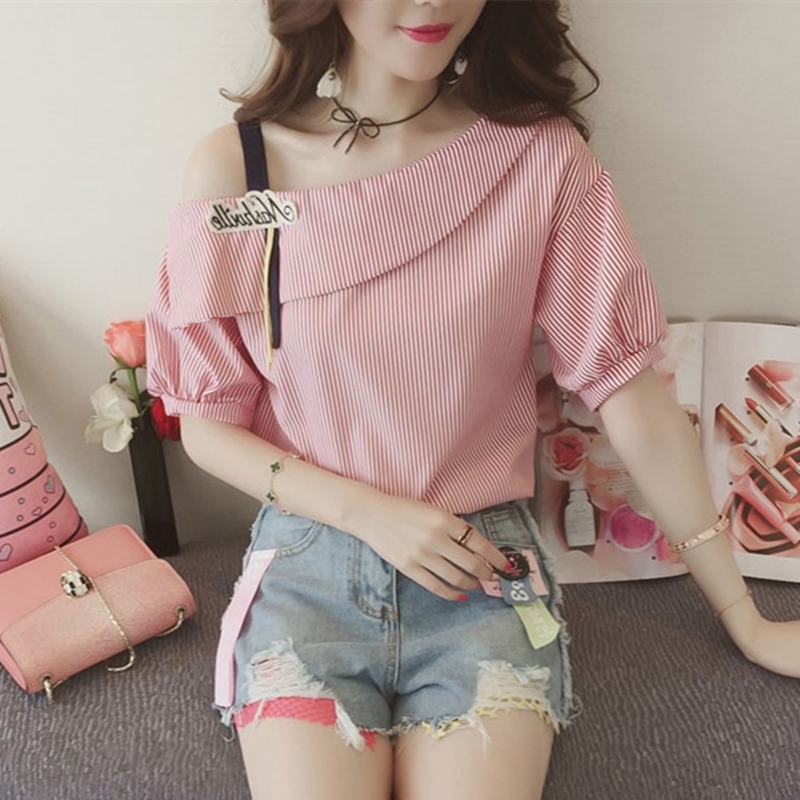 Short Sleeve Kawaii Striped On - Blouse Off Shoulder ulasan dan harga