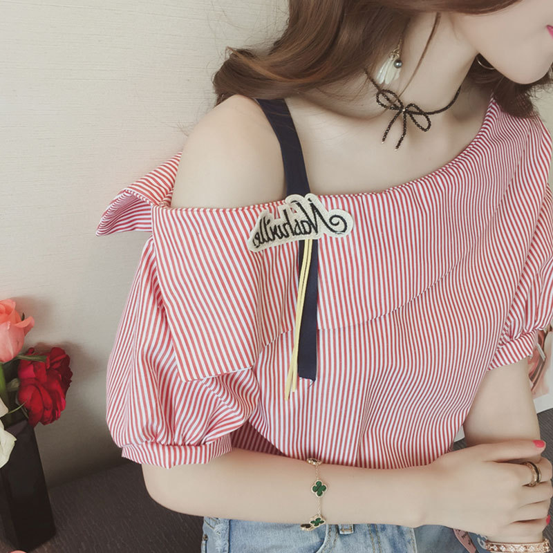 Short Sleeve Kawaii Striped On - Blouse Off Shoulder ulasan dan harga